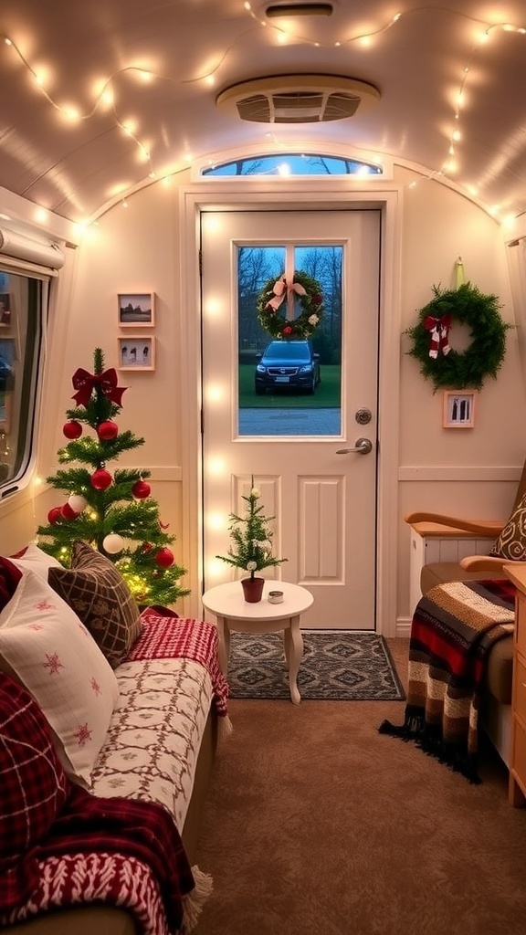 A mobile home decorated for Christmas with lights, a small tree, and a wreath.